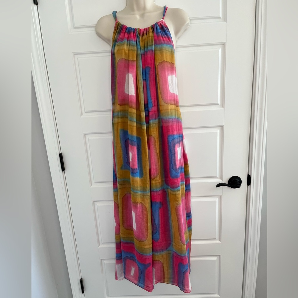 Multicolor Geometric Print Midi Dress - Pink, Blue & Mustard